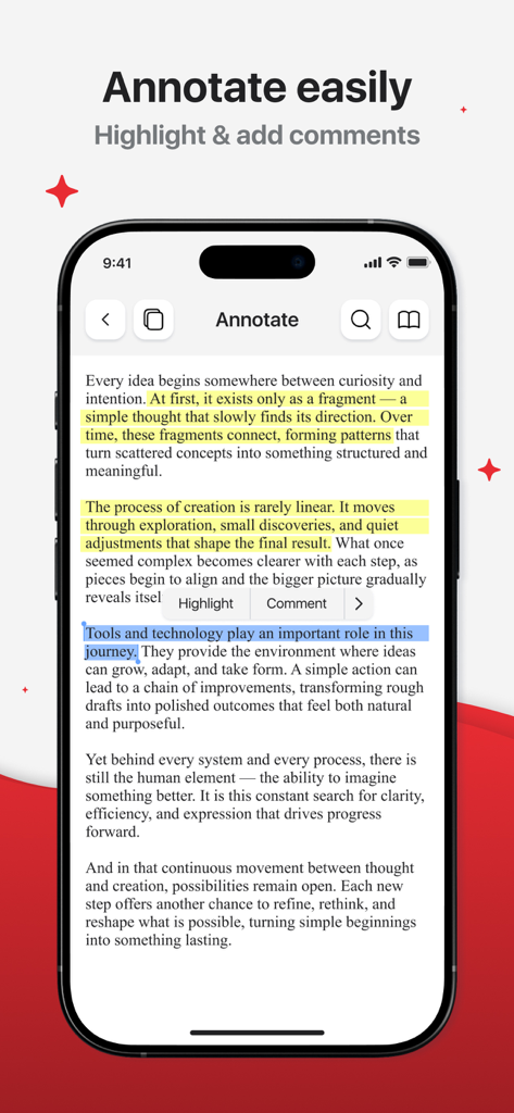 PDF Editor — AI Summarize - iPhone screen showing a PDF document with yellow and blue highlights and options to annotate and comment