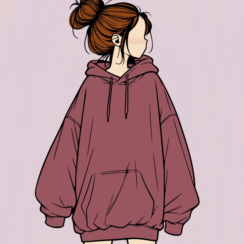 realistic girl with a oversized sweatshirt on and a bun