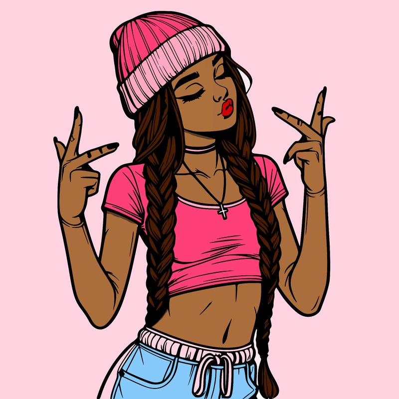 realistic teenage girl with braids and a beanie and crop top doing 🫶🏼