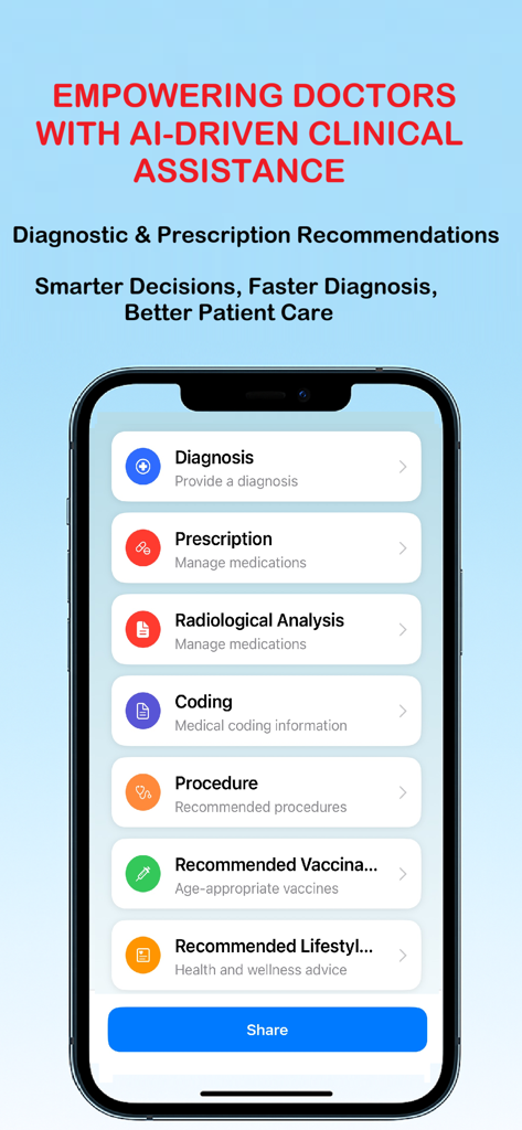 Smartphone screen displaying medical AI features including diagnosis prescription and radiological analysis