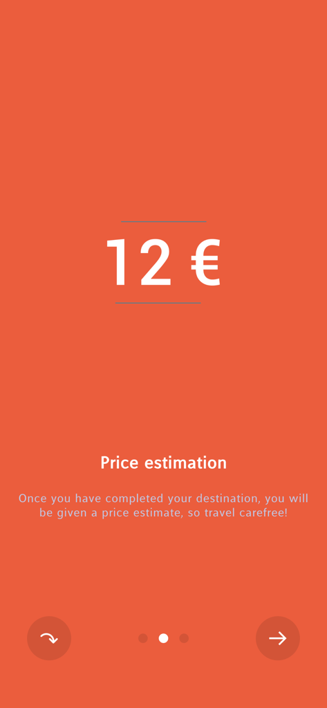 Taxi G5 - Taxi G5 app screen showing a 12 euro price estimation and fare transparency message.