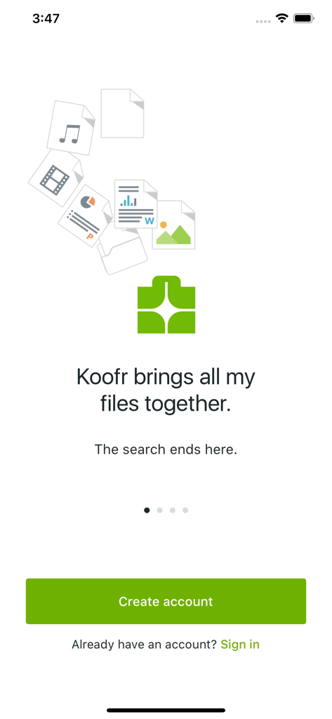 Koofr - Koofr app welcome screen with file icons and a button to create an account