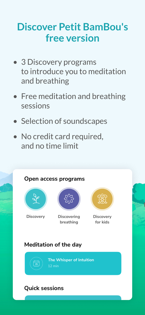 Captura de pantalla de la app Petit BamBou que muestra programas gratuitos de meditación y respiración para adultos y niños sin necesidad de tarjeta de crédito