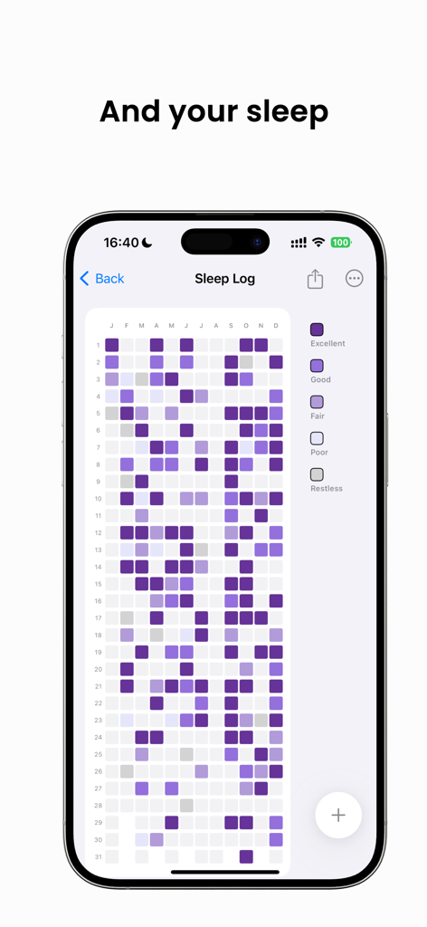 My Year in Pixels - CLY Pixel - A yearly sleep tracker log showing a purple pixel grid for daily sleep quality tracking
