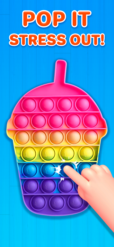 Fidget Trading 3D: Pop It Toy - A hand popping bubbles on a colorful rainbow milkshake shaped fidget toy for stress relief