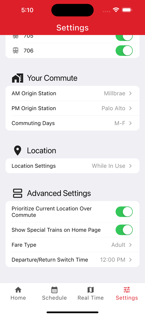 Caltrain Commuter - Settings screen of the Caltrain Commuter app showing commute preferences and location configuration.