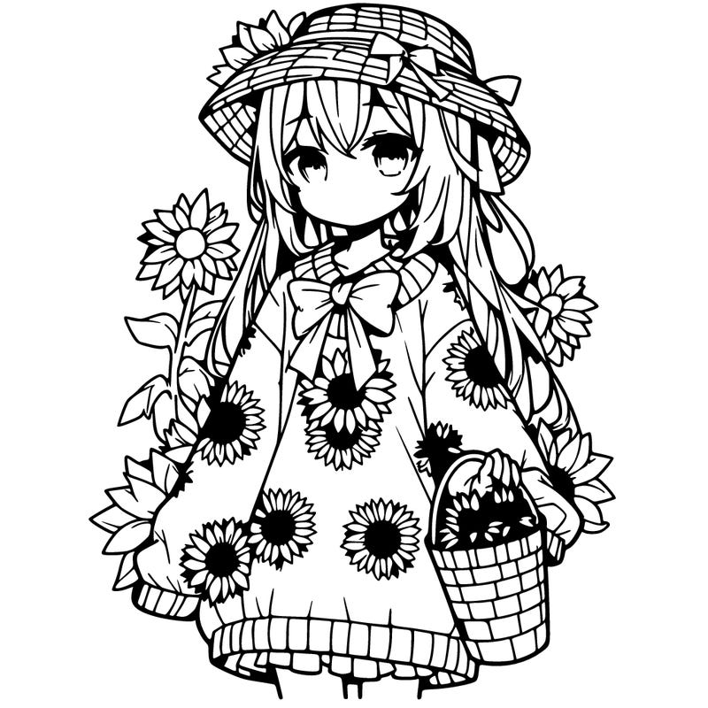 anime girl in a oversized, sunflower sweater, sunflower bucket, hat, and holding a sunflower🌻🌻🌻