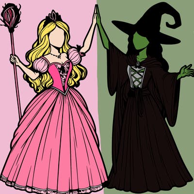 detailed realistic split of a princess and a witch