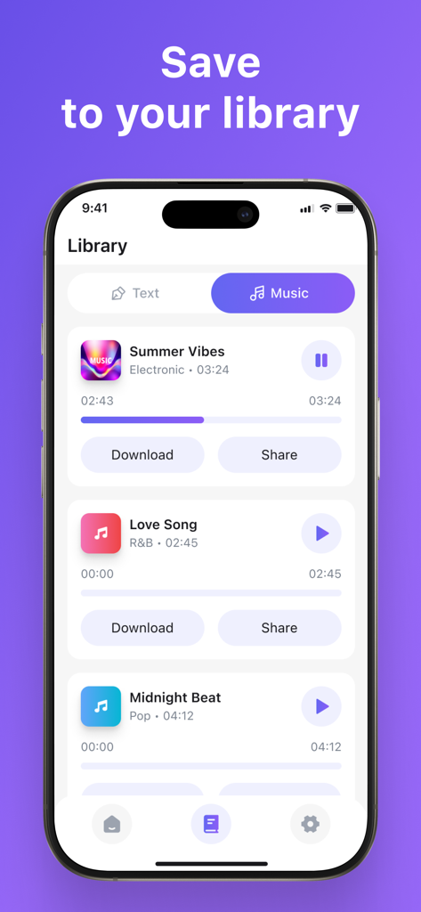 A smartphone showing the library section of an AI music app with options to download and share generated tracks like Summer Vibes and Midnight Beat.
