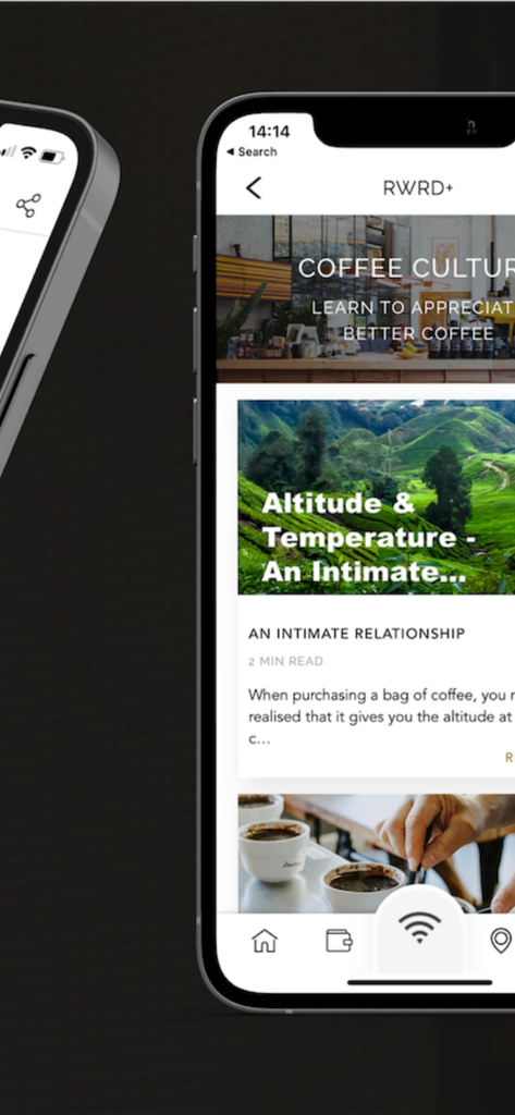 RWRD - RWRDアプリのモバイル画面。スペシャルティコーヒー愛好家向けのコーヒーカルチャー記事と教育コンテンツを紹介。