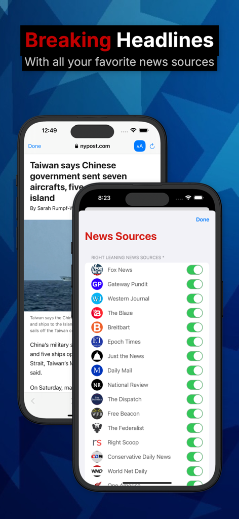 Conservative News - Conservative News app screens showing breaking headlines and a list of customizable news sources