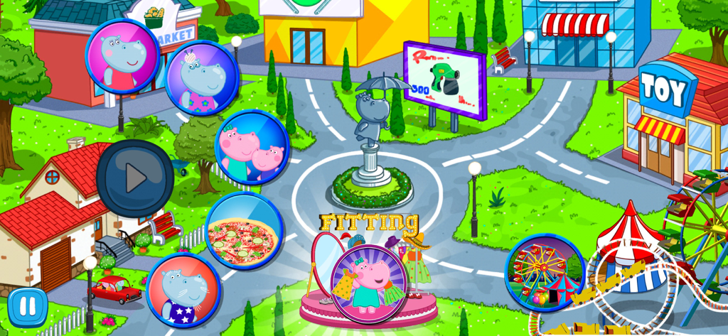 Funny Supermarket game - Cartoon map of Hippo town showing the supermarket toy store and amusement park