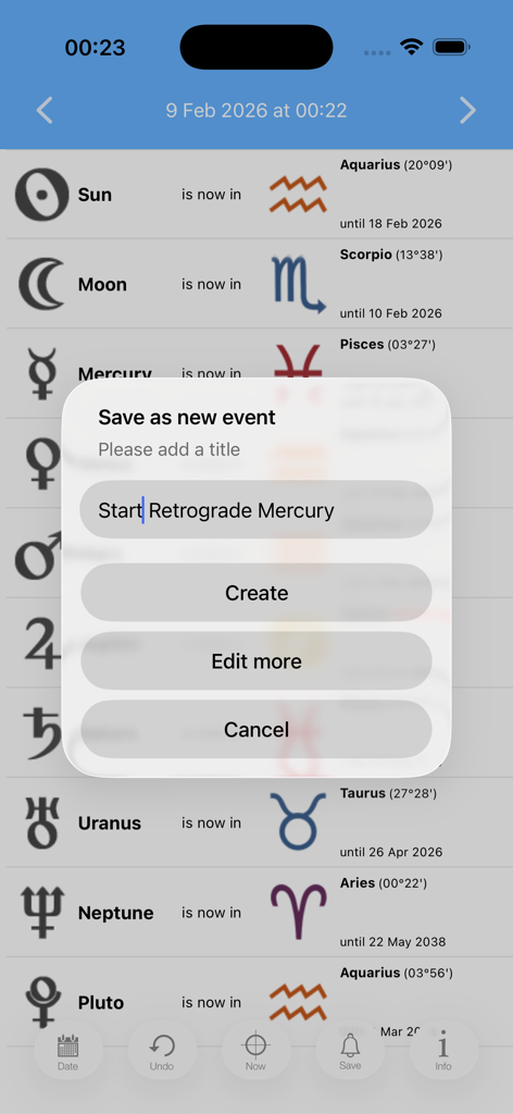 Pantalla de la aplicación Ingresses Pro que muestra posiciones planetarias y una ventana emergente para guardar un evento de Mercurio Retrógrado en el calendario.