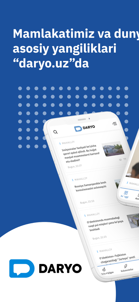 Daryo news app mobile interface displaying local and world news in Uzbek language