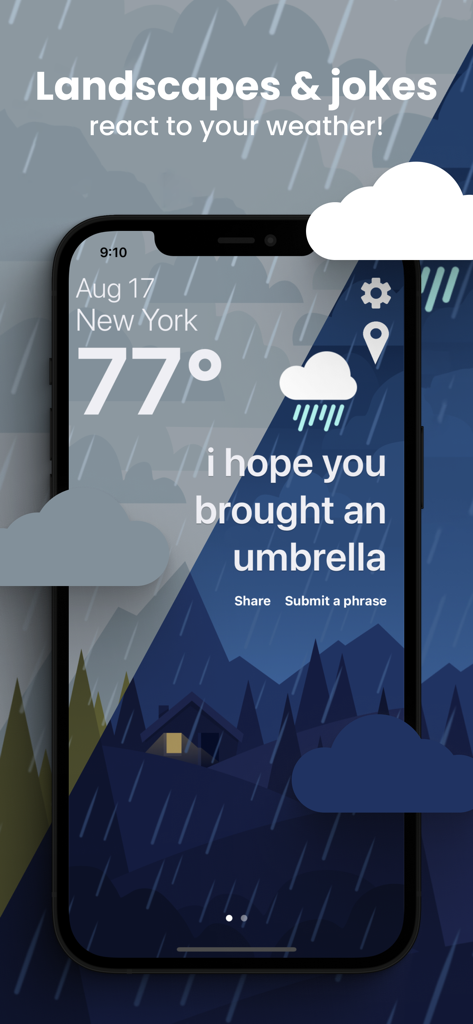 Funny Weather - Rude Forecasts - A rainy weather forecast in New York featuring a sarcastic joke and a dark mountain landscape.