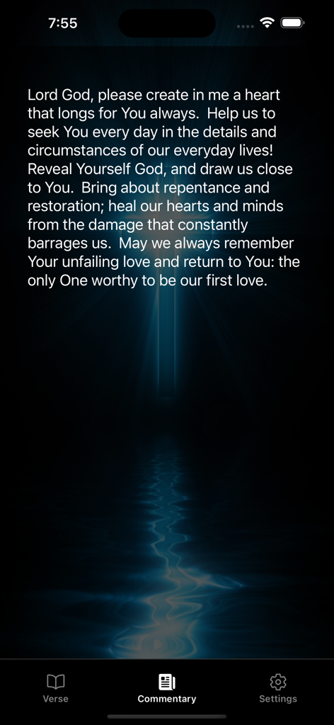 Verse-A-Day Daily Bible Verses - Una pantalla de comentario devocional y oración diaria en la aplicación Verse-A-Day con un fondo de cruz brillante.