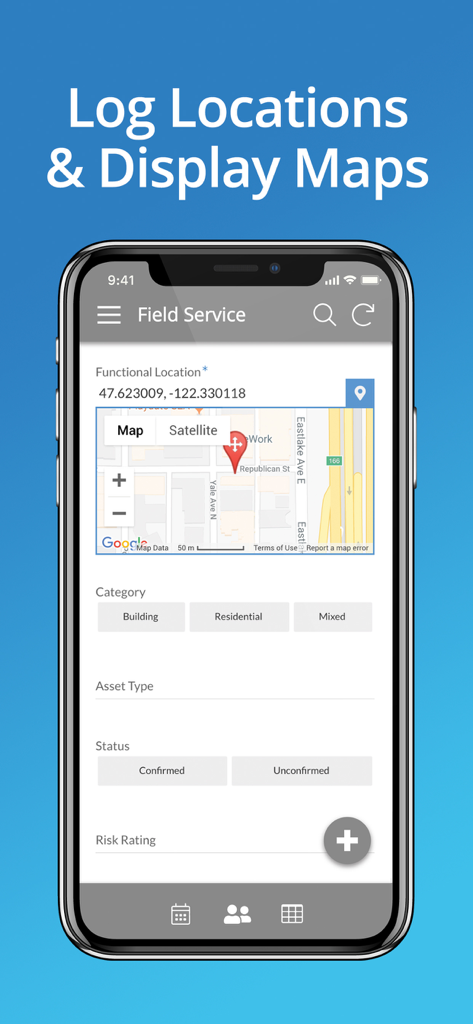 Interface do aplicativo de serviço de campo do AppSheet exibindo coordenadas GPS e integração de mapa para rastreamento de localização.