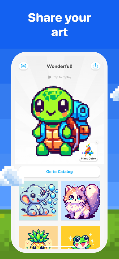 Pixel art turtle with a backpack on the share your art screen of the Pixel Color app