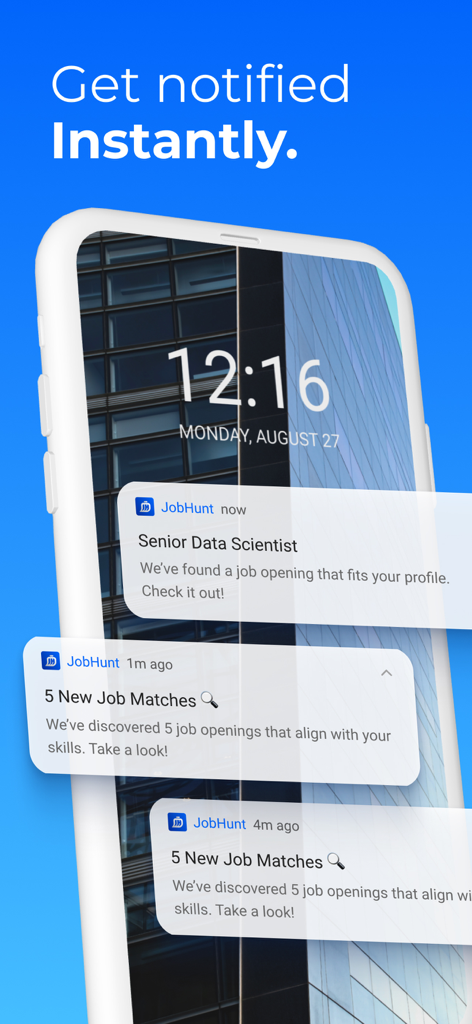 JobHunt - Job Search AI Agent - Instant job alert notifications on a mobile phone screen