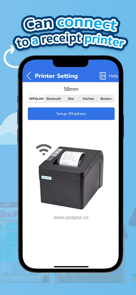 POSPOSシステムにレシートプリンターを接続するための設定を表示するモバイルアプリ画面