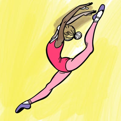 gymnast doing a leap in a leotard with a bent back leg