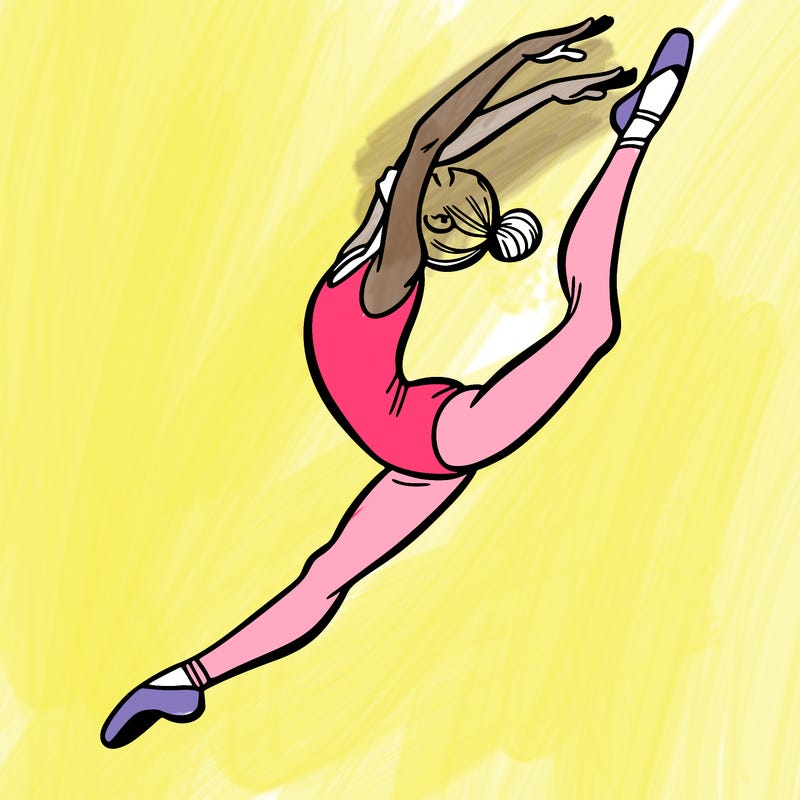 gymnast doing a leap in a leotard with a bent back leg