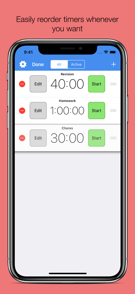 SpeakTimer - Voice Alert Timer - SpeakTimer app interface showing a list of customizable timers for revision and chores with reorder handles