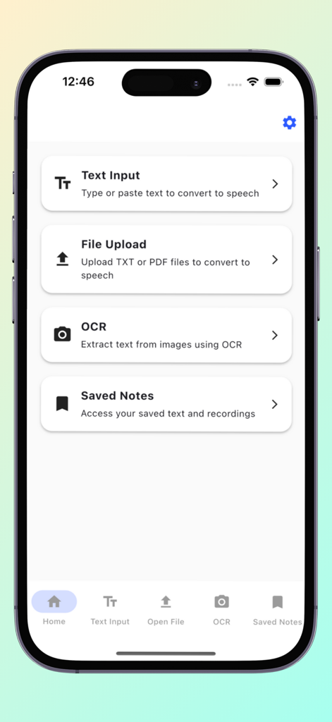 텍스트 입력, 파일 업로드, OCR과 같은 주요 메뉴 옵션을 보여주는 텍스트 음성 변환 PDF 앱의 홈 화면