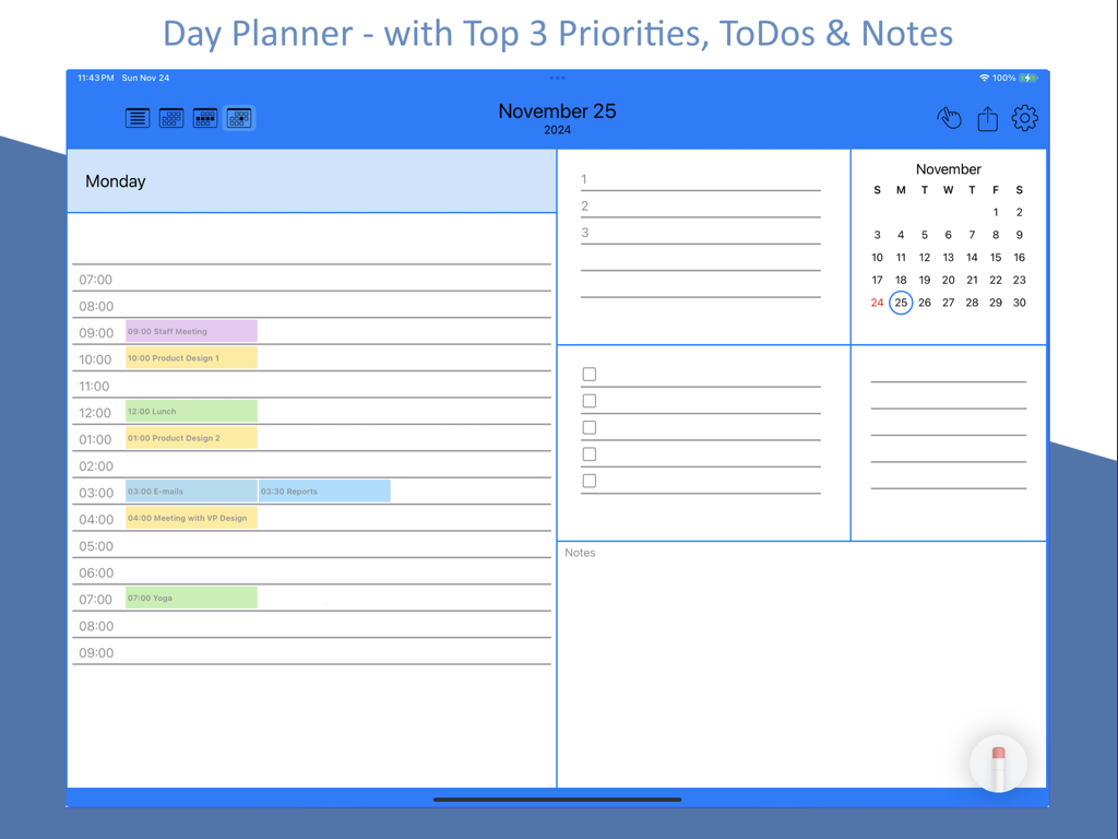 Pencil Calendar daily planner view with tasks priorities and notes on iPad