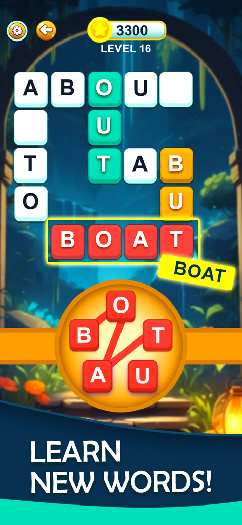 Word Cross - Word Puzzles - Word Cross gameplay showing a crossword grid and a word search wheel for learning new words