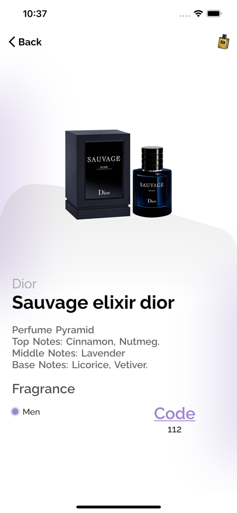 Detailliertes Duftprofil für Dior Sauvage Elixir, das Duftnoten in der Perfumes Book App zeigt
