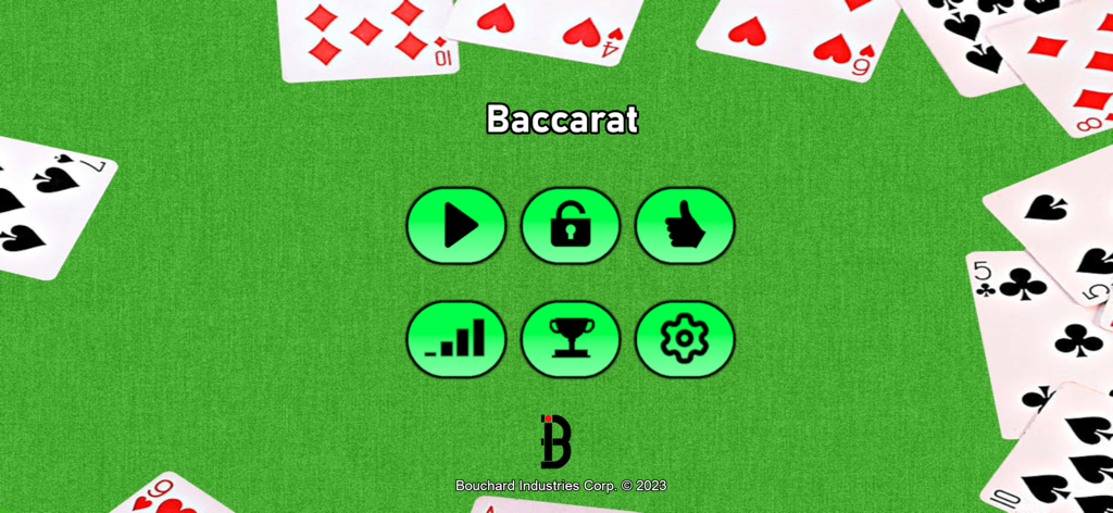 Écran principal de l'application Baccarat Online avec des icônes de navigation sur fond de table de casino verte.