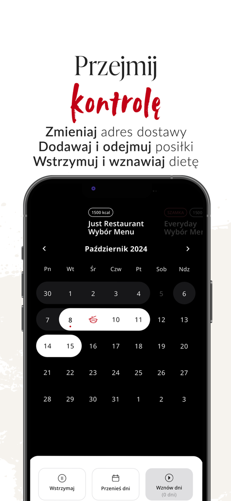 Maczfit - Maczfit mobile app interface showing a monthly calendar for managing meal delivery subscriptions and dietary plans