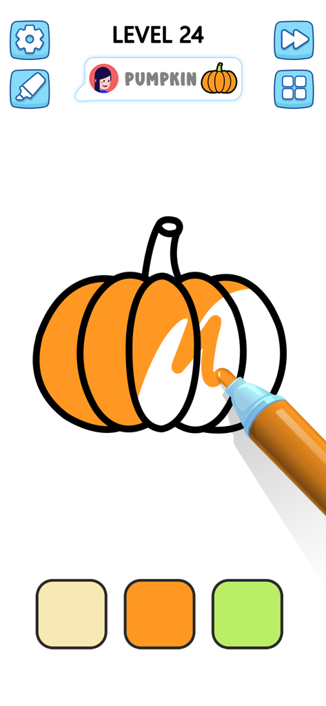 A pumpkin drawing being colored with an orange marker in the Satisfying Coloring app