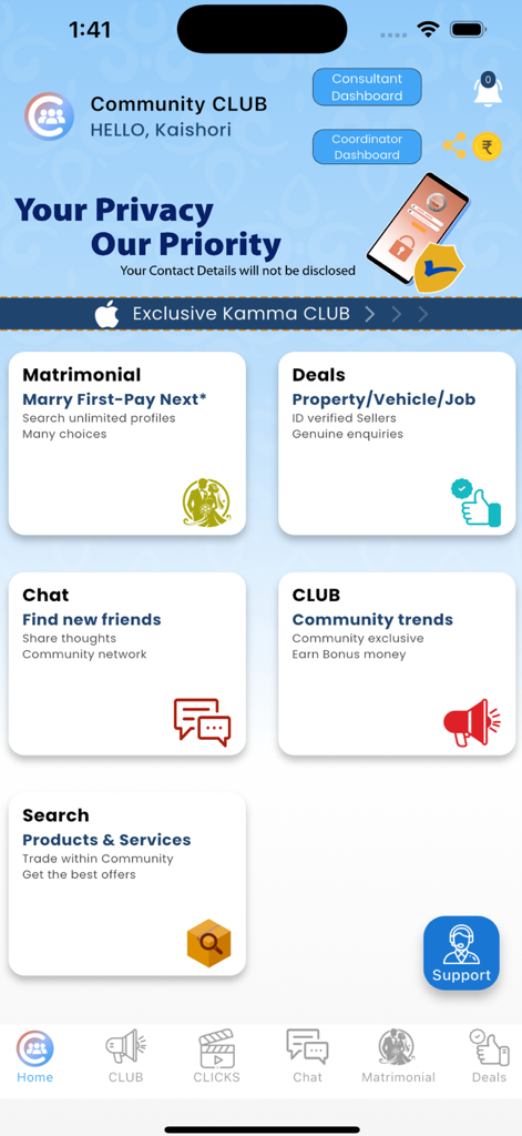 Community CLUB - Home dashboard of Community CLUB app featuring modules for matrimonial services, deals, chat, and community news.