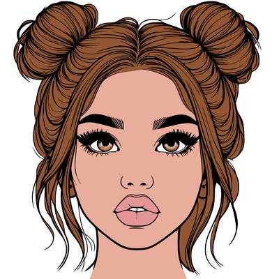 realistic girl with two buns on her hair and lips