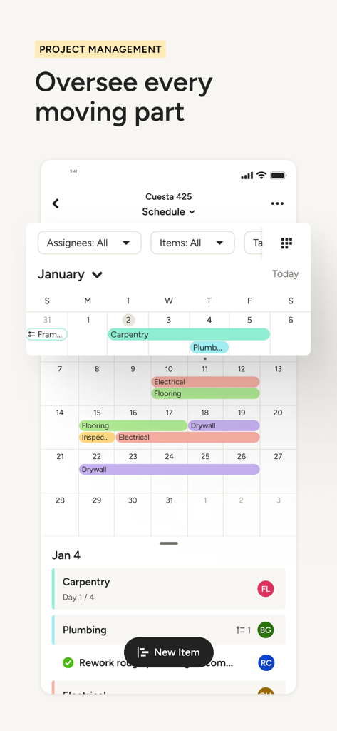 Houzz Pro mobile app screen showing a construction project management calendar with tasks like carpentry plumbing and electrical