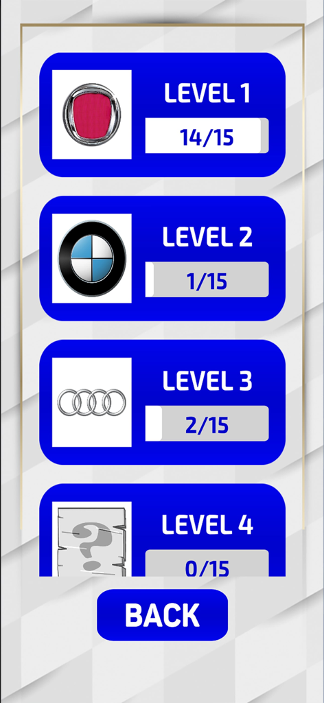Pantalla de selección de niveles de BrandMaster Logo Quiz que muestra el progreso de marcas de automóviles para BMW Audi y Fiat