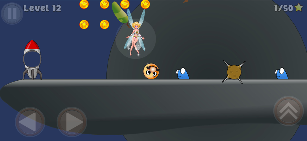Hat Ball character with a fairy helper and coins in a platformer level