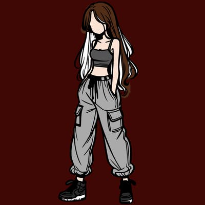 girl in baggy pants crop top and long hair