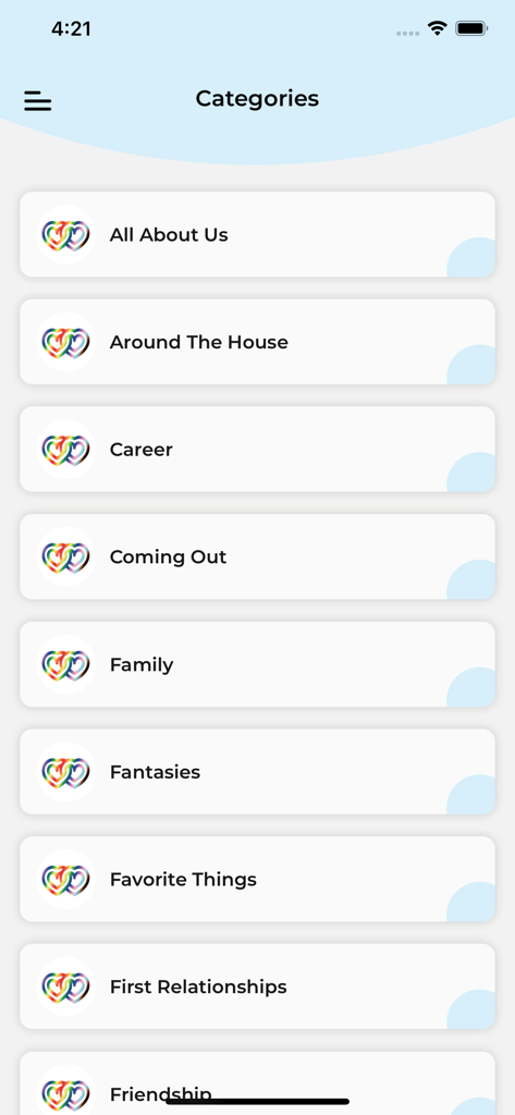 ?sForHer: Lesbian LGBTQ ? App - Tela de categorias do aplicativo Questions for Her mostrando tópicos de conversação de relacionamento como Sair do Armário e Primeiros Relacionamentos