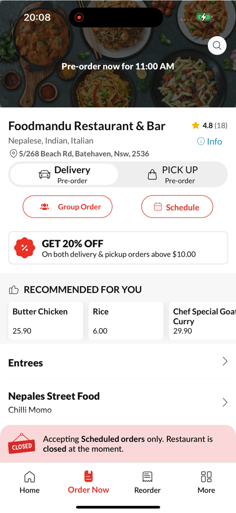 Foodmandu Restaurant and Bar mobile app interface showing menu recommendations and a discount offer banner