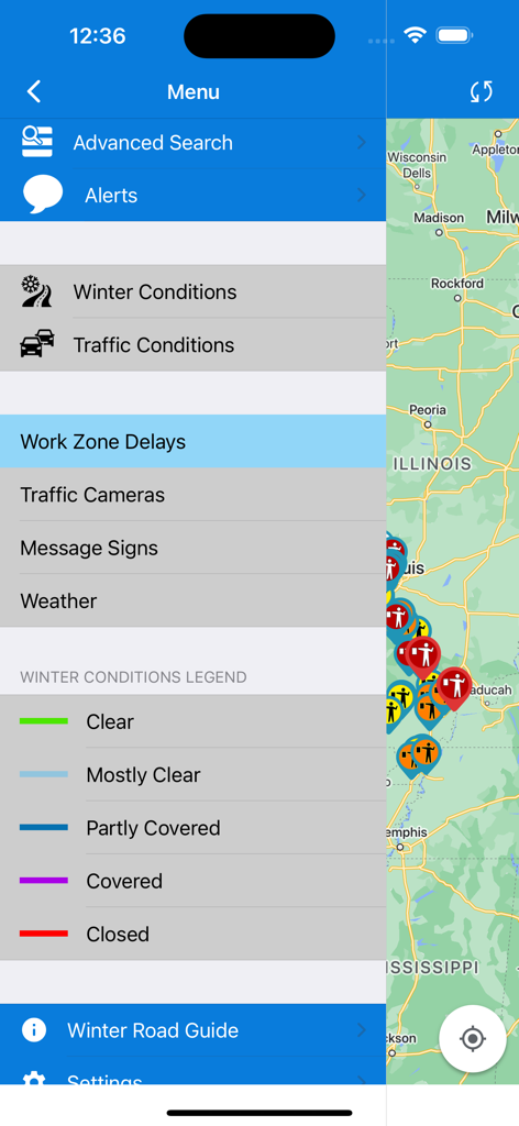 MoDOT Traveler Information - Menú de la aplicación MoDOT que muestra opciones de navegación y leyenda de colores de las condiciones invernales de las carreteras
