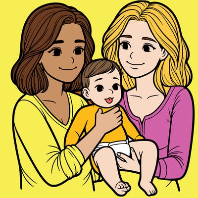 two realistic women holding one baby together