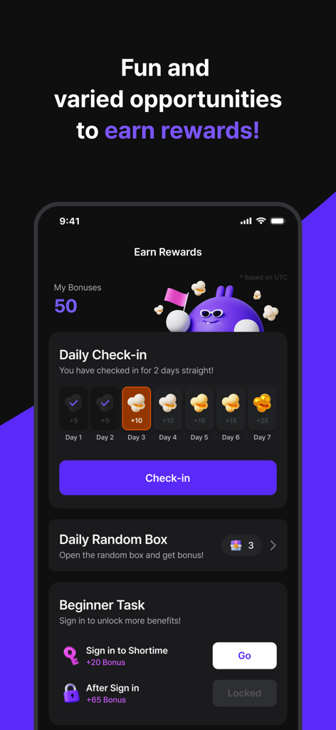 Shortime app screen showing daily check-in rewards and beginner tasks to earn bonuses