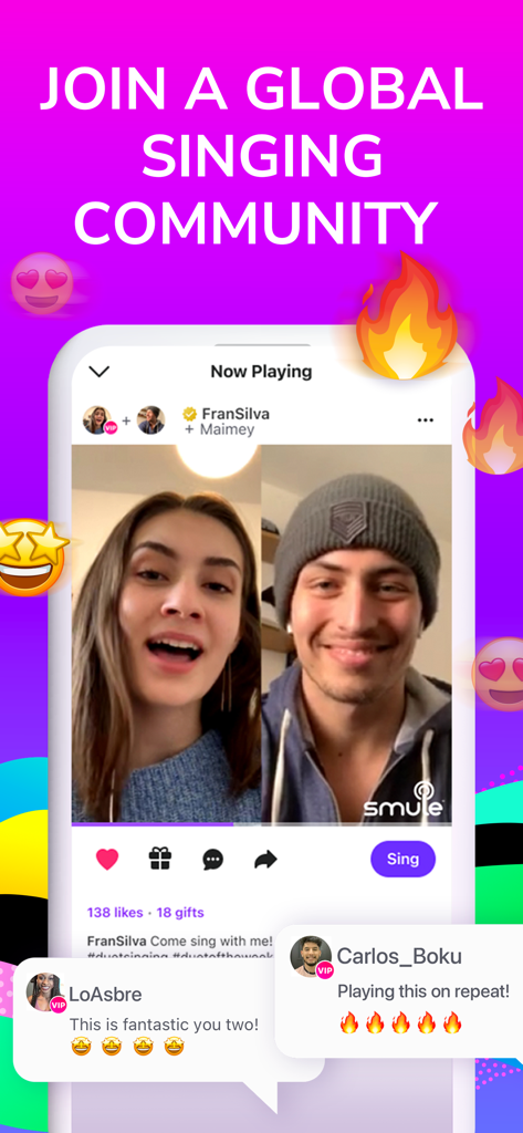 A split-screen video duet in the Smule app featuring two singers and social comments from the community.