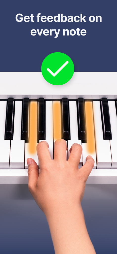 flowkey – Learn to Play Piano - A hand playing a piano keyboard with a green checkmark indicating instant note feedback