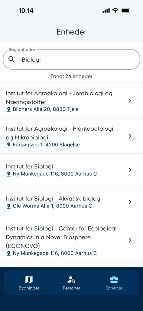 AU Find - AU Find app screenshot showing a list of Aarhus University departments and their addresses after a search for biology.