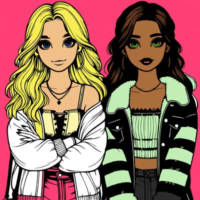 two girl best friends in trendy outfits realistic