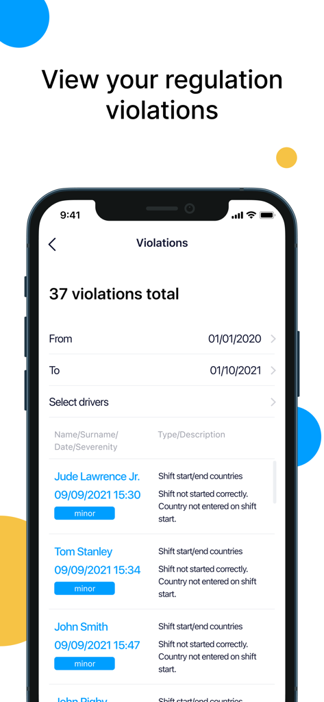 Tachogram - Un teléfono móvil mostrando la pantalla de Infracciones de la aplicación Tachogram con una lista de infracciones del conductor y su gravedad.